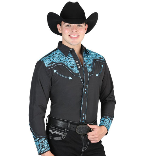 Camisa Vaquera Bordada El Señor de los Cielos Color Negro y Azul GEN-44337 - El General