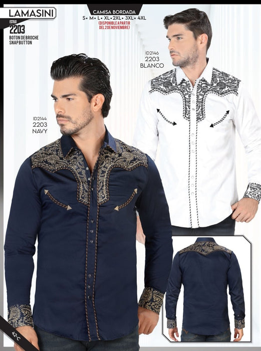Camisa Vaquera Bordada para Hombre Lamasini Navy y Blanco LAM-2203 - Lamasini Jeans