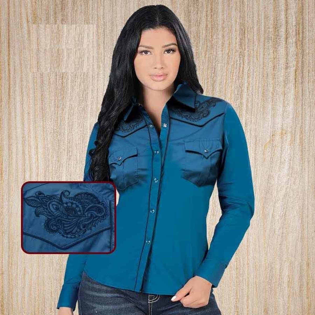 Camisa Vaquera Bordada para Mujer Azul Teal LAM 2316TEAL