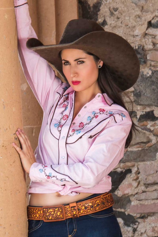 Camisa Vaquera Bordada para Mujer Color Rosa con Flores CaballoBronco.com