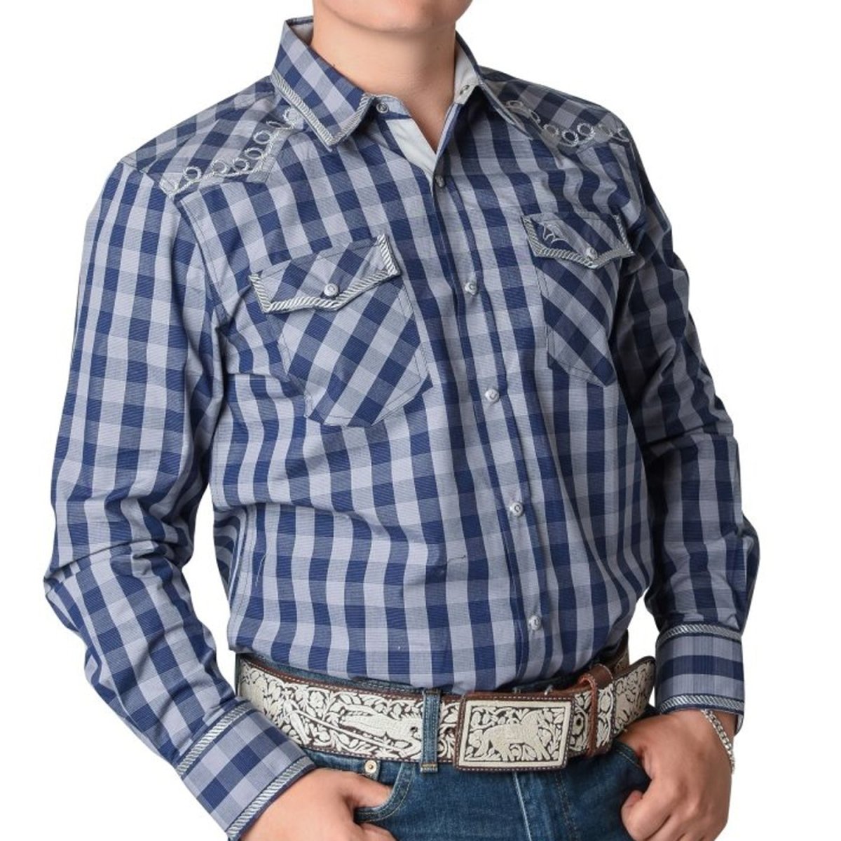 Camisa Vaquera Bordada White Diamonds Color Azul a Cuadros WD-878 - White Diamonds Boots