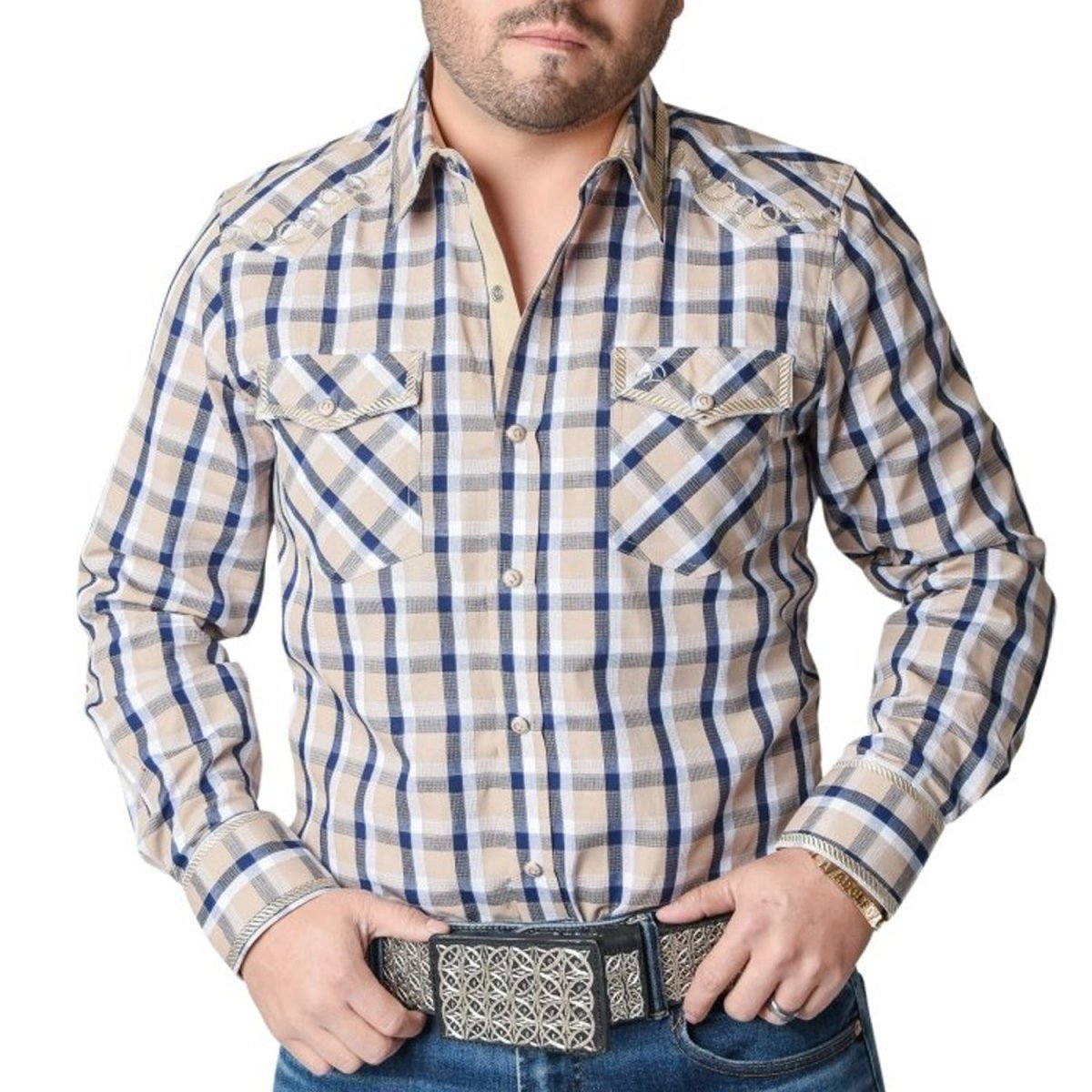 Camisa Vaquera Bordada White Diamonds Color Beige a Cuadros WD-880 - White Diamonds Boots
