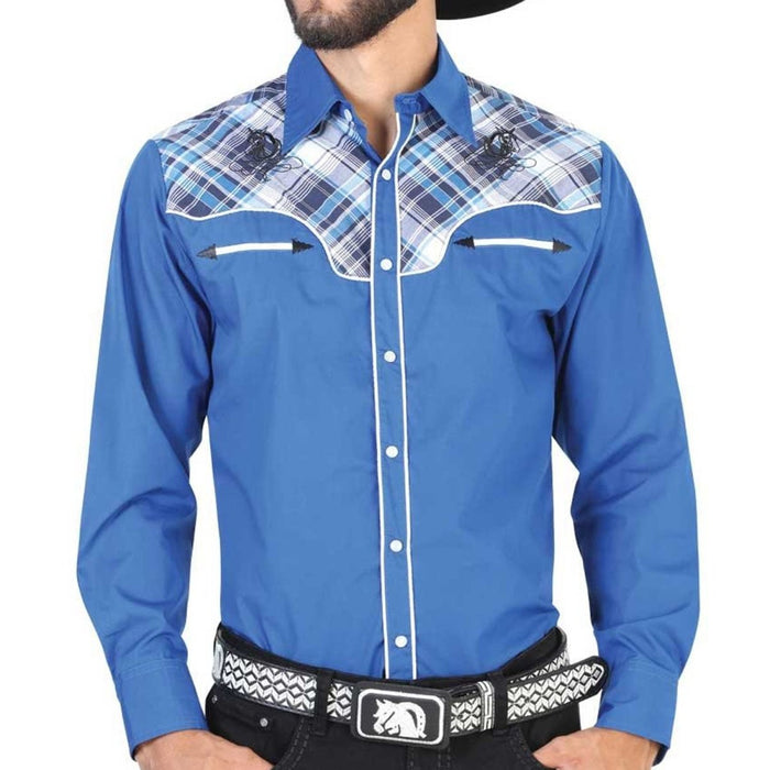 Camisa Vaquera El Señor de los Cielos Color Azul con Cuadros GEN-42535 - El General