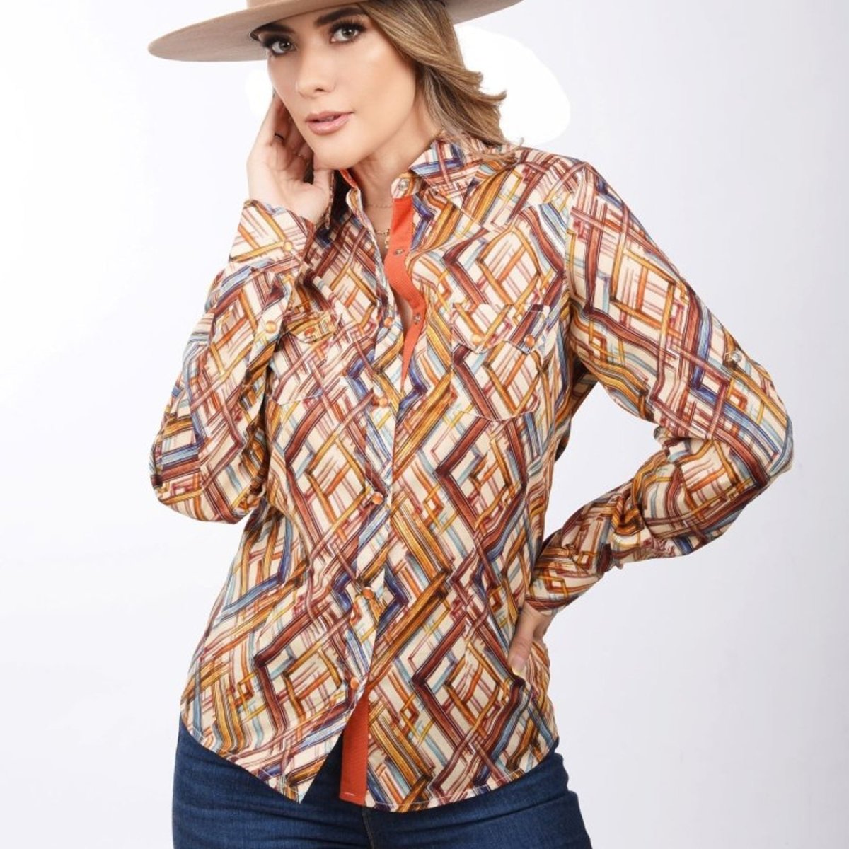Camisa Vaquera Estampada Color Naranja para Mujer WD-538 - White Diamons Boots