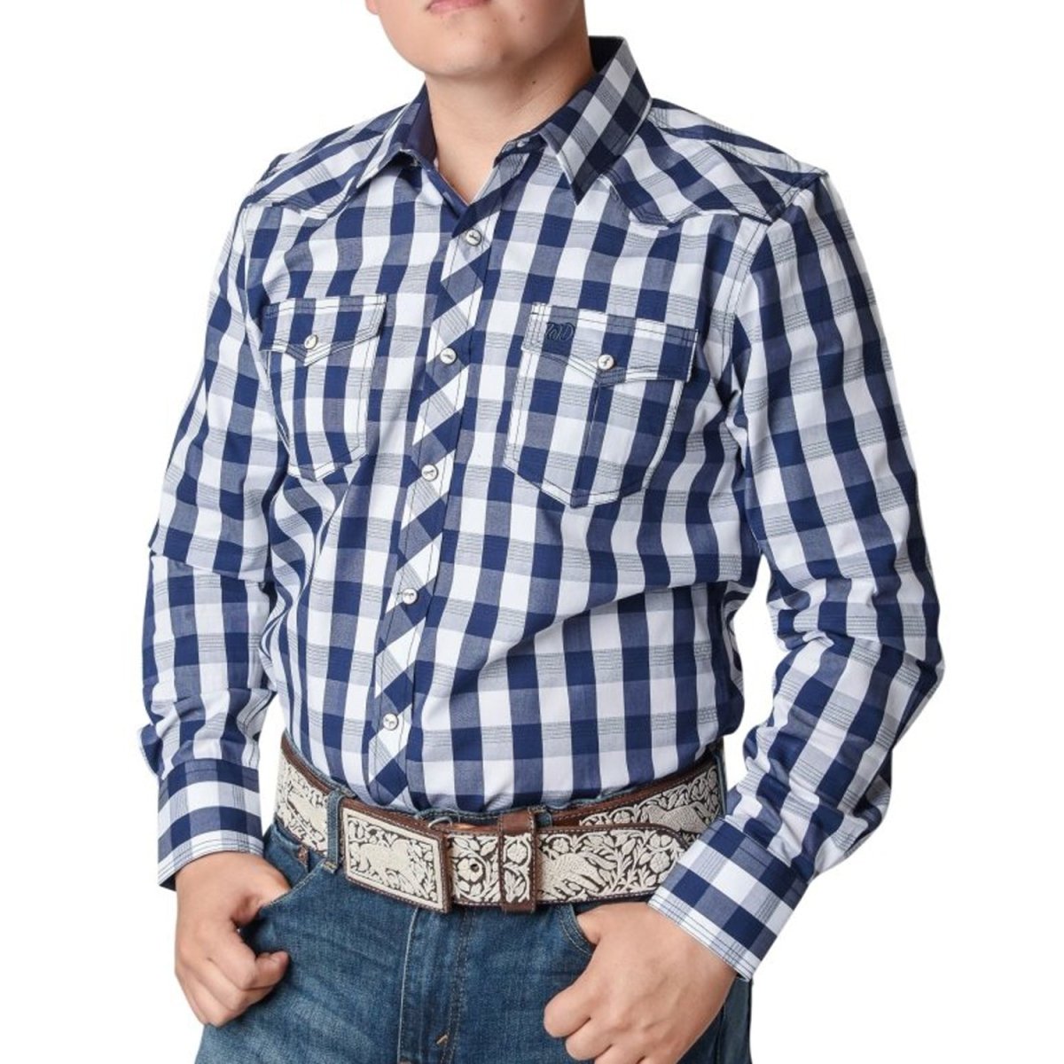 Camisa Vaquera White Diamonds Color Blanca con Azul a Cuadros WD-903 - White Diamonds