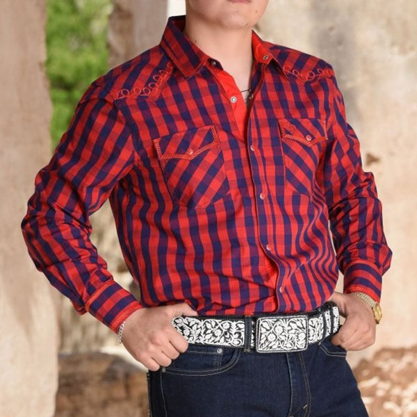 Camisa Vaquera de Lujo White Diamonds Color Rojo a Cuadros