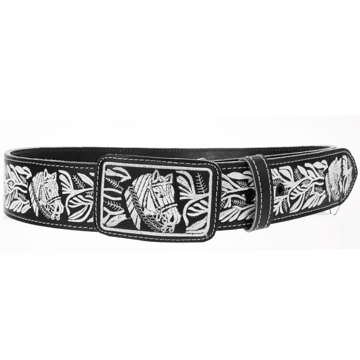 Cinto Vaquero de Cuero Original con Bordado Color Negro con Plata y Caballo WD-1542 - White Diamonds