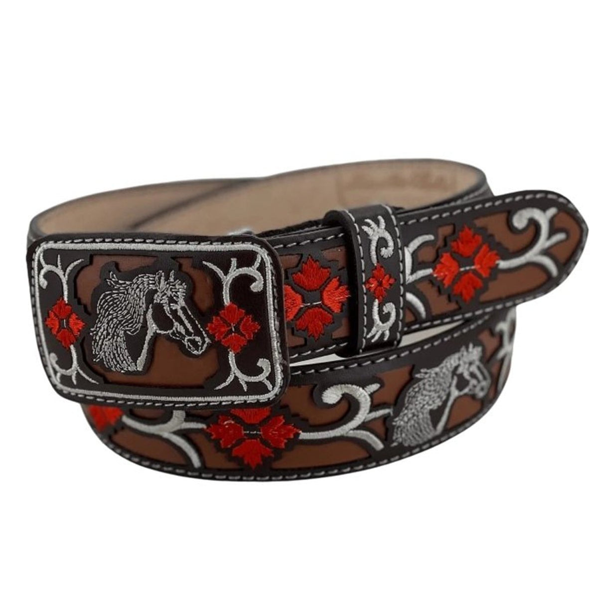 Cinto Vaquero para Mujer de Cuero Original Color Cafe con Flores Rojas WD-1522
