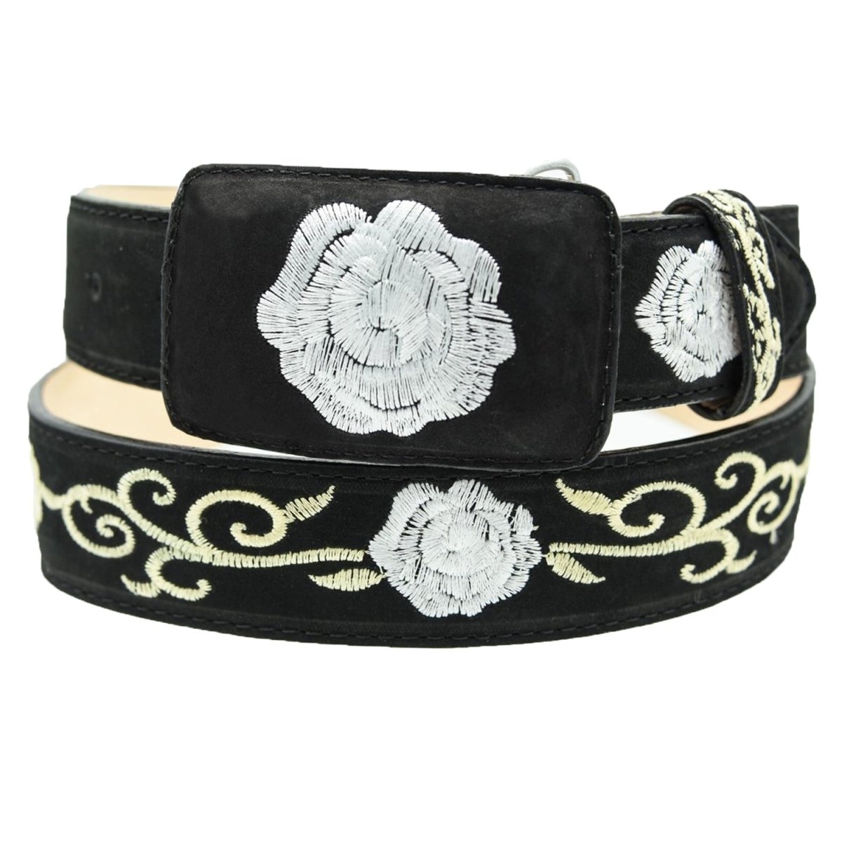 Cinto Vaquero para Mujer de Cuero Original Color Negro con Rosas Blancas WD-1591 - White Diamonds Boots