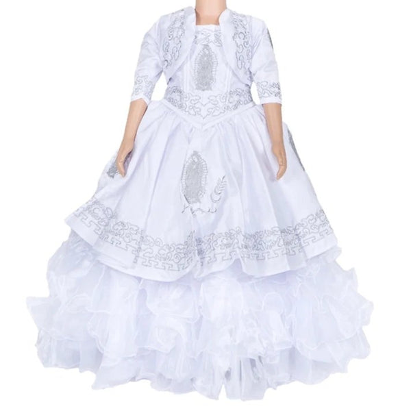 Vestido de Charro Bordado de Virgen para Niña Color Blanco con