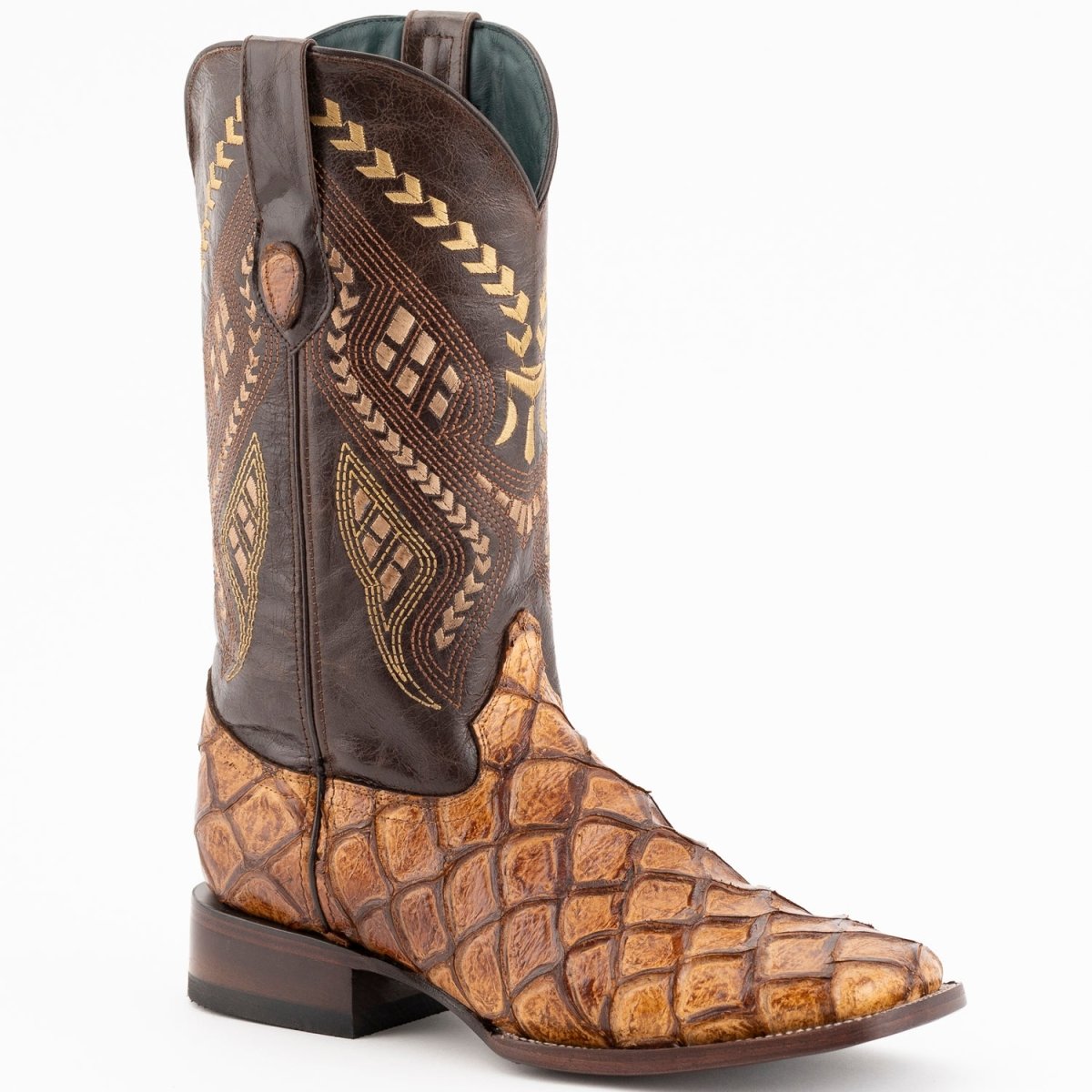 Ferrini Bronco Men's Print Pirarucu Fish Boots Handcrafted Cognac â CaballoBronco.com