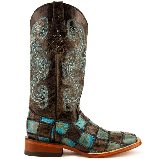 Ferrini Women's Patchwork Square Toe Boots Handcrafted - Black/Teal - Ferrini Boots