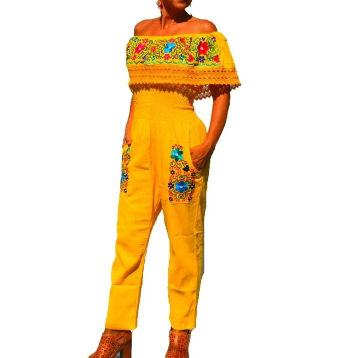 Yellow Embroidered Handmade Palazzo Jumper with Flowers for Women IMP-79003 S