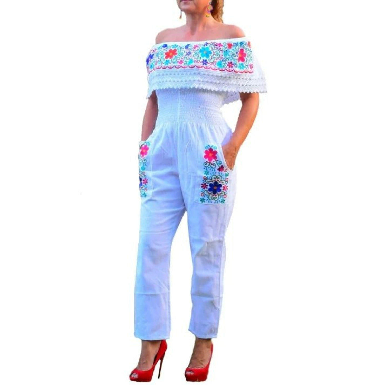 White Embroidered Handmade Palazzo Jumper with Flowers for Women IMP-79005 S