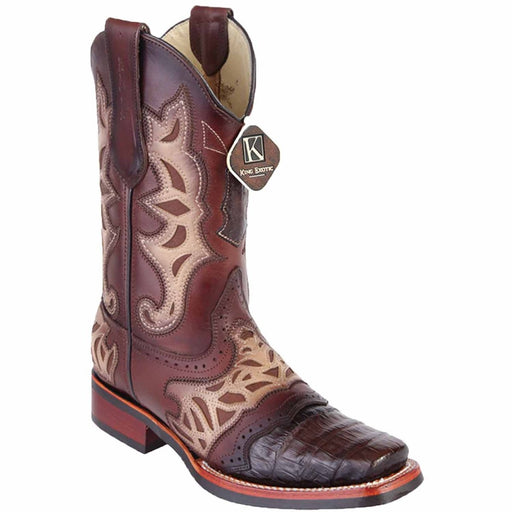 King Exotic Men's Caiman Belly Square Toe Boots with Saddle - Brown 48118207 - King Exotic Boots