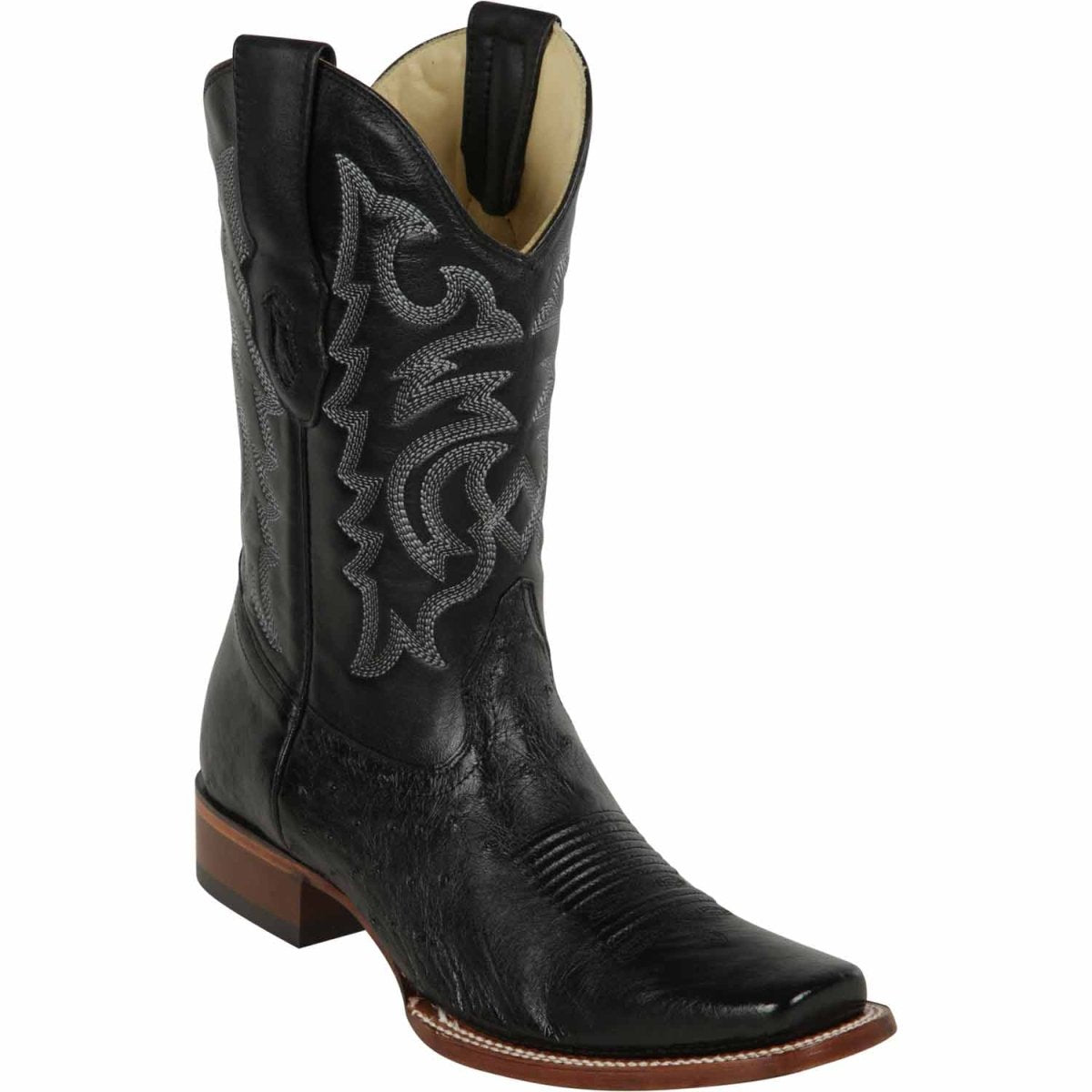 Western Genuine Full Quill Ostrich Square Wide Toe Rodeo Boots Black Color – Los Altos Boots – Side View