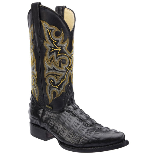 Men's Caiman Tail Print Leather J-Toe Boots - Black - Rodeo Imports