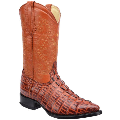 Men's Caiman Tail Print Leather J-Toe Boots - Cognac - Rodeo Imports