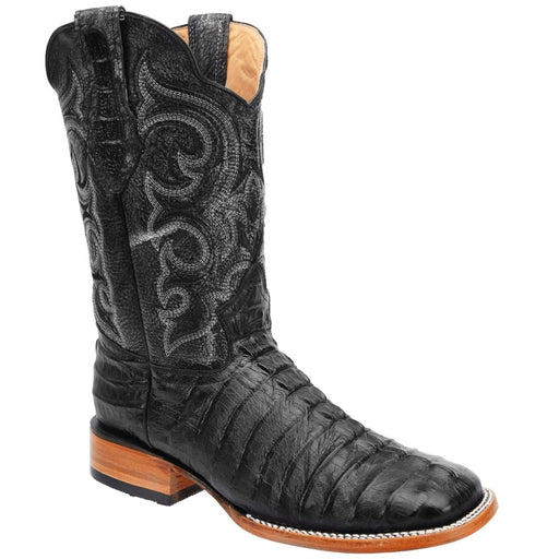 Men's Caiman Tail Print Leather Square Toe Boots - Black - Rodeo Imports