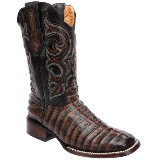 Men's Caiman Tail Print Leather Square Toe Boots - Dark Brown - Rodeo Imports