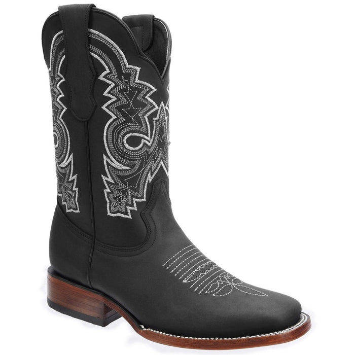 Men's Genuine Crazy Leather Square Toe Boots - Black - Rodeo Imports