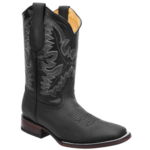 Men's Genuine Crazy Leather Square Toe Boots - Black - Rodeo Imports