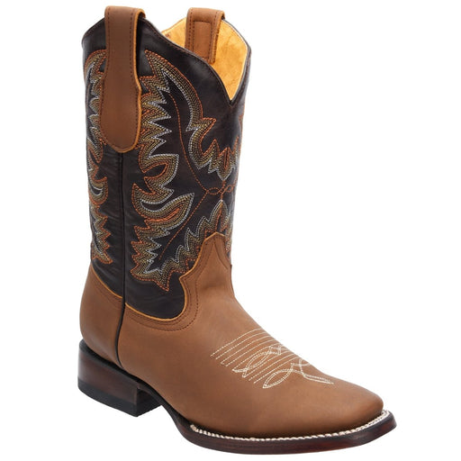 Men's Genuine Crazy Leather Square Toe Boots - Light Brown - Rodeo Imports