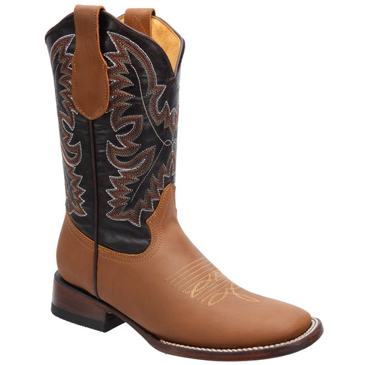 Men's Genuine Crazy Leather Square Toe Boots - Tan - Rodeo Imports
