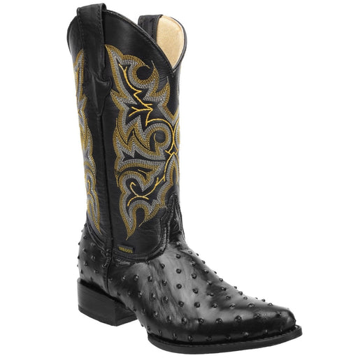Men's Ostrich Print Leather J-Toe Boots - Black - Rodeo Imports