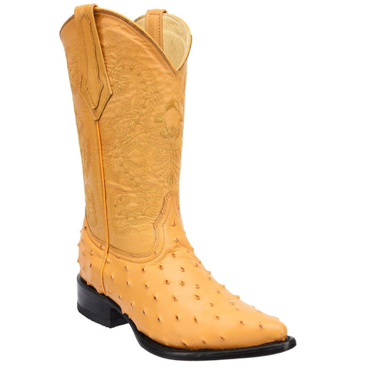 Men's Ostrich Print Leather J-Toe Boots - Buttercup - Rodeo Imports
