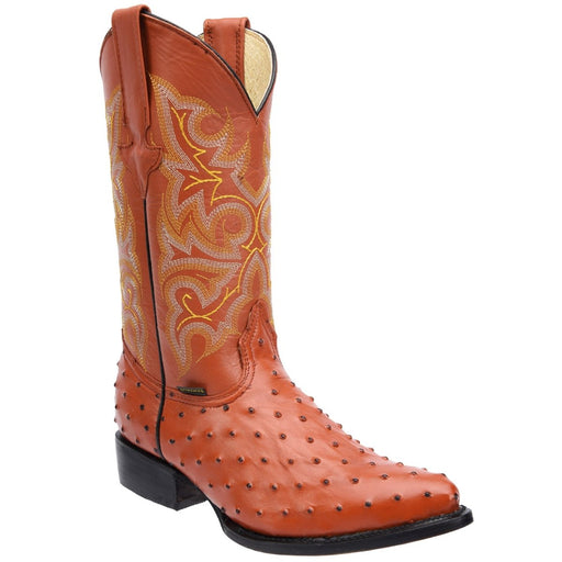 Men's Ostrich Print Leather J-Toe Boots - Cognac - Rodeo Imports