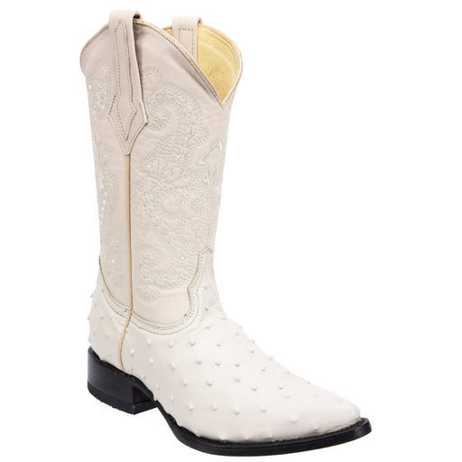 Men's Ostrich Print Leather J-Toe Boots - Winter White - Rodeo Imports