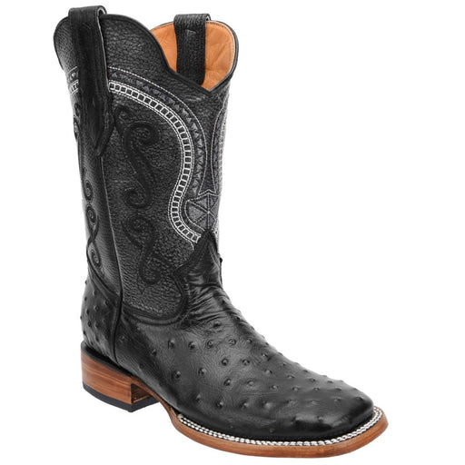 Men's Ostrich Print Leather Square Toe Boots - Black - Rodeo Imports