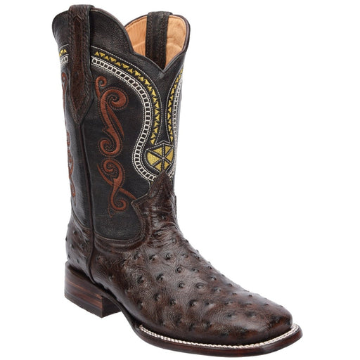 Men's Ostrich Print Leather Square Toe Boots - Dark Brown - Rodeo Imports