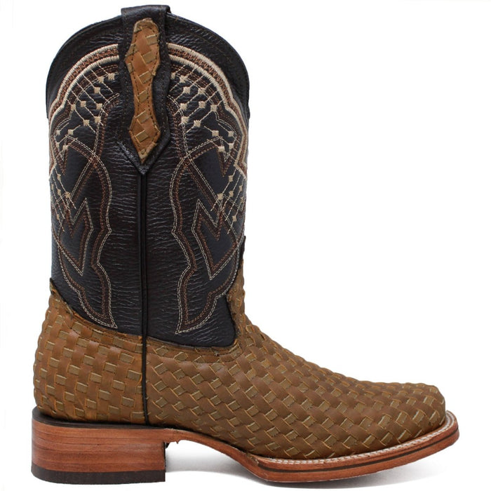 Men's Petatillo Woven Leather Square Toe Boots - Honey - LA CARRETA