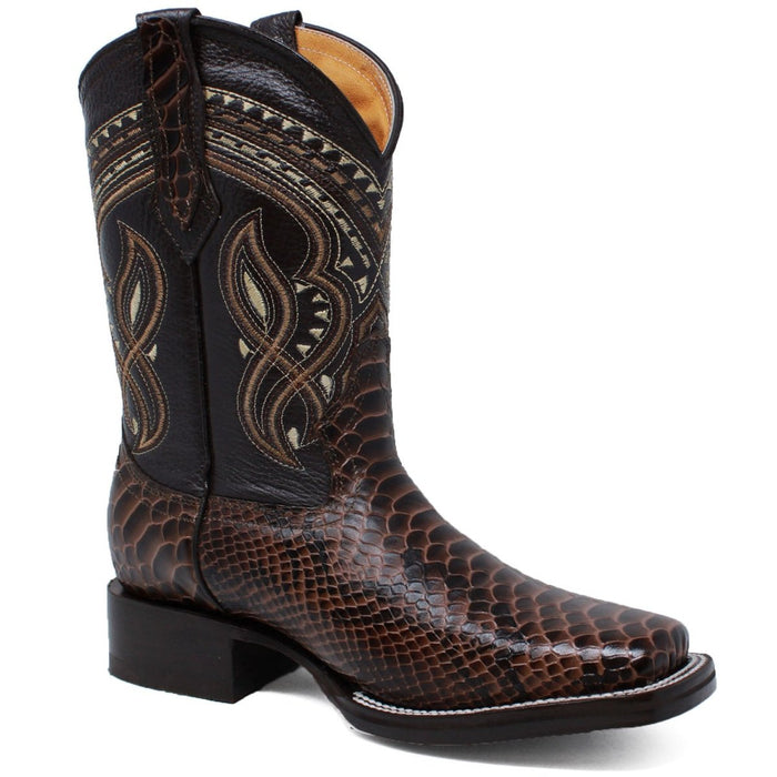 Men's Python Print Leather Square Toe Boots - Brown - LA CARRETA