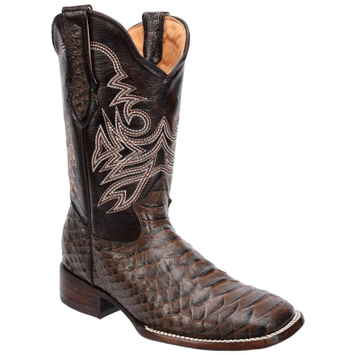 Men's Python Print Leather Square Toe Boots - Brown - Rodeo Imports