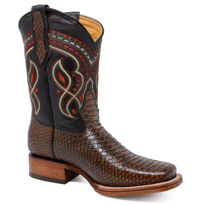 Men's Python Print Leather Square Toe Boots - Honey - LA CARRETA