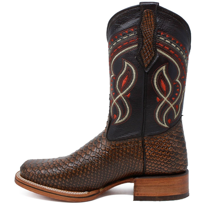 Men's Python Print Leather Square Toe Boots - Honey — CaballoBronco.com