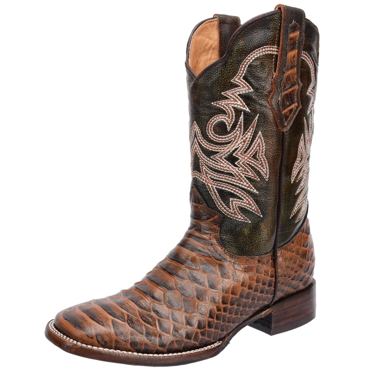 Men's Python Print Leather Square Toe Boots - Honey — CaballoBronco.com
