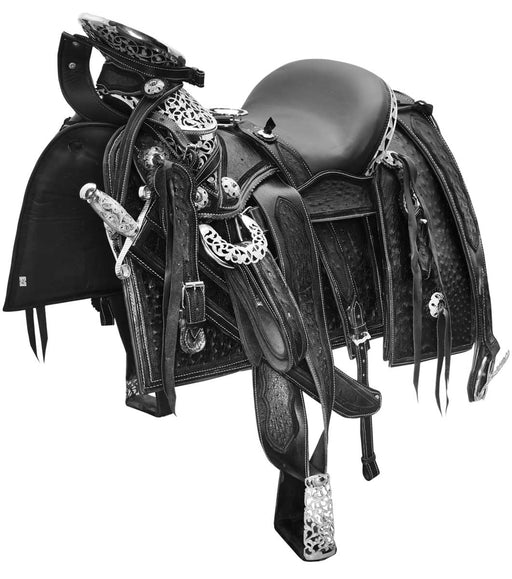 Silla de Montar Charra de Avestruz Negro con Herraje Mexicana Modelo WD-1054 - caballobronco.com