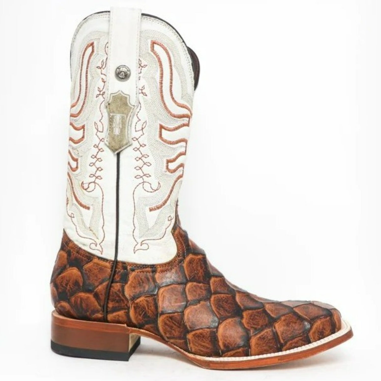 Tanner Mark Women's Pistol Print Monster Fish Square Toe Boots Cognac