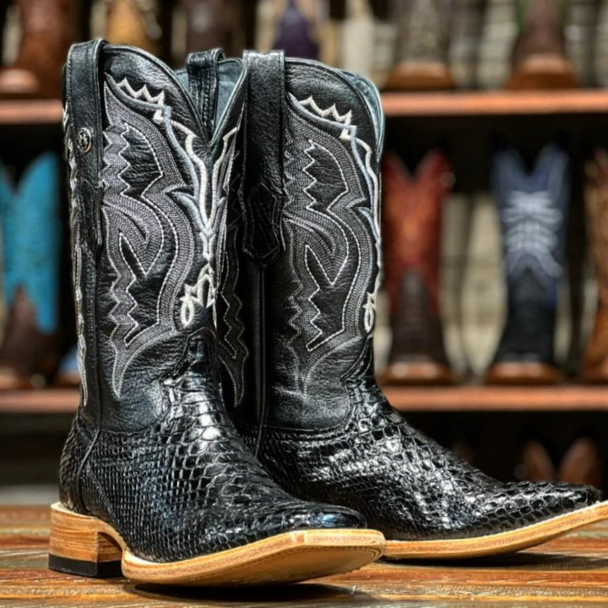 Tanner Mark Men's Genuine Python Square Toe Boots Black – CaballoBronco.com