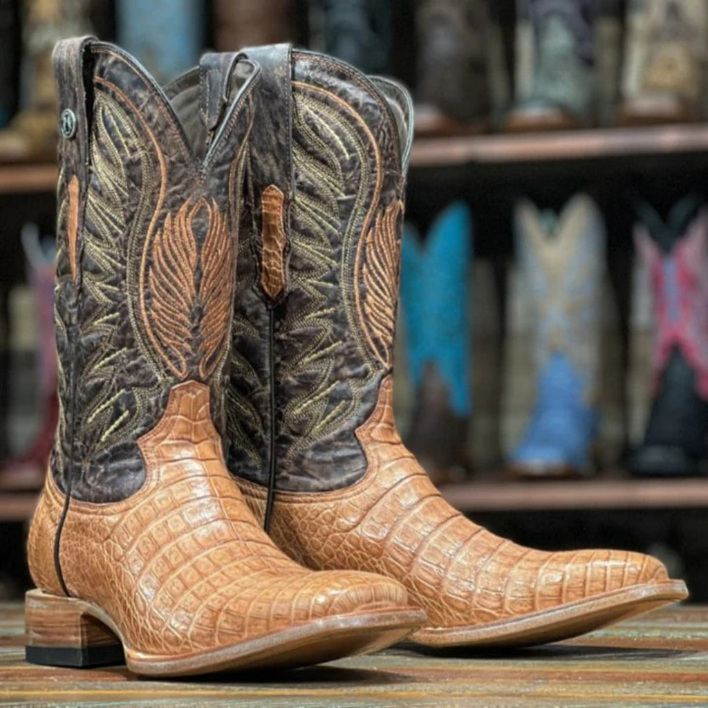 Tanner Mark Men s Hodge Genuine Caiman Belly Square Toe Boots Cognac TMX200355