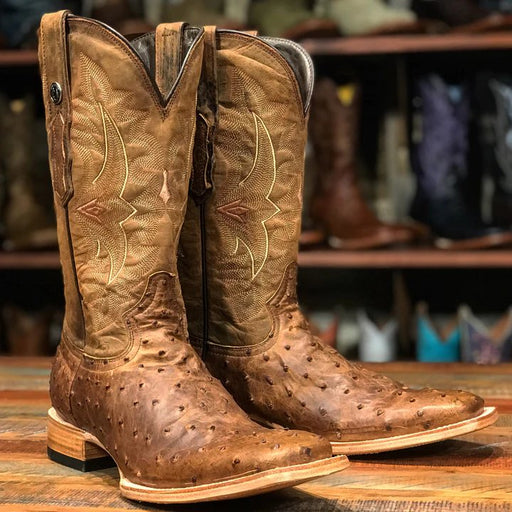 Tanner Mark Men's "Stoney" Full Quill Ostrich Square Toe Boots Antique Saddle - Tanner Mark Boots