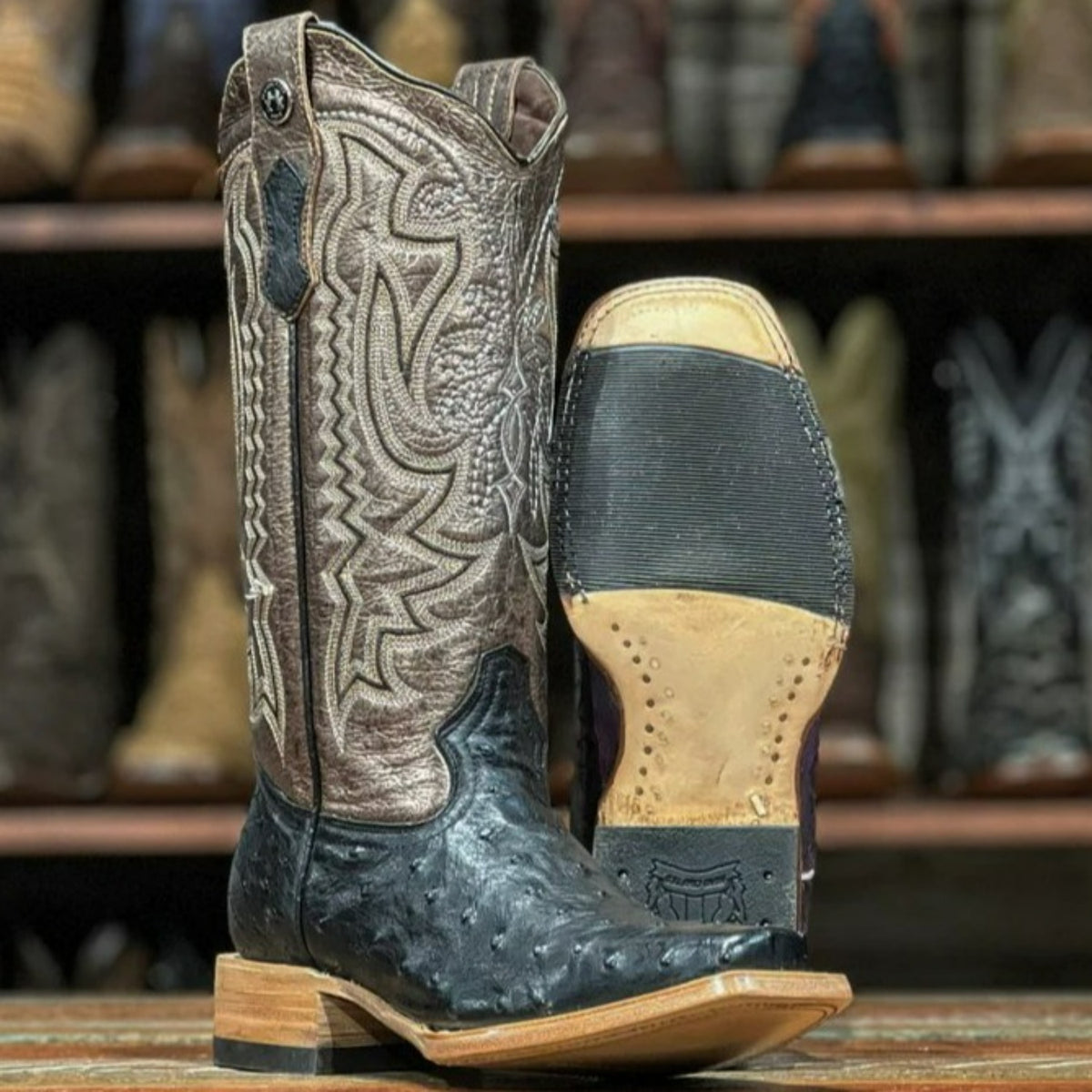 Tanner Mark Women's Full Quill Ostrich Square Toe Boots Black