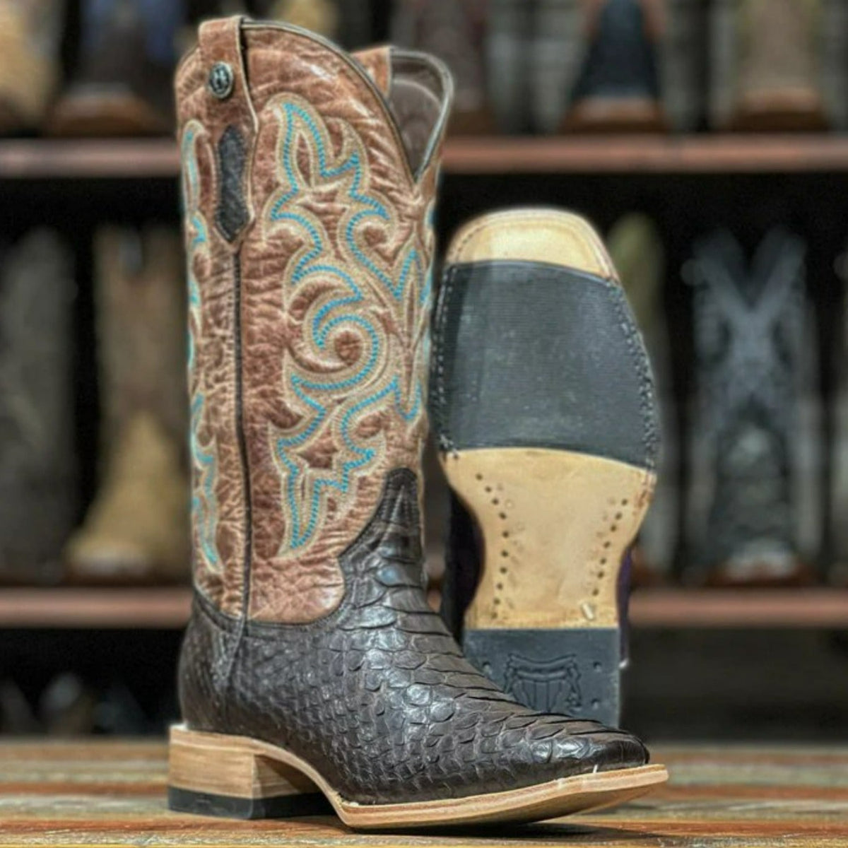 Tanner Mark Women's Genuine Python Square Toe Boots Matte Brown ...