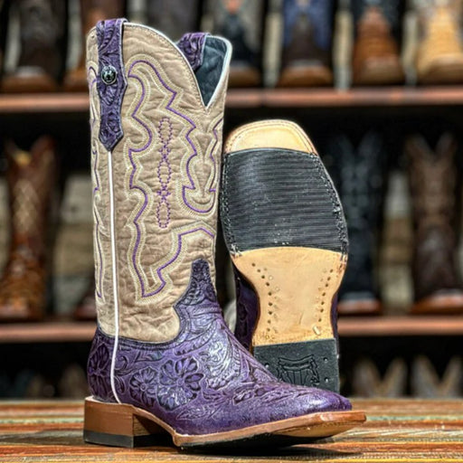 Tanner Mark Women's Hand Tooled Square Toe Leather Boots Grape - Tanner Mark Boots