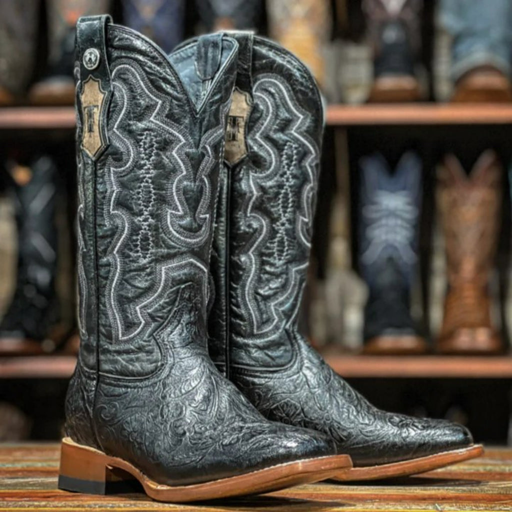 Tanner Mark Women s Hand Tooled Square Toe Leather Boots Black CaballoBronco
