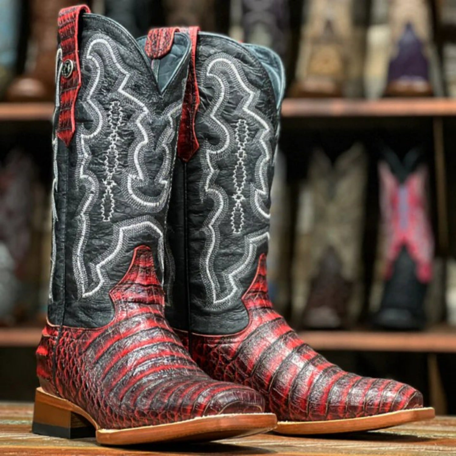 Tanner Mark Women's Print Caiman Belly Square Toe Boots Burgundy
